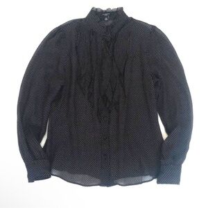 Ann Taylor 100% Silk Elegant Black Polka Dot Long Sleeve Sheer Blouse S/P